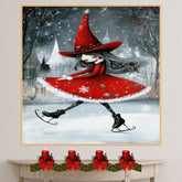 Whimsical Christmas Witch Ice Skating Art Print – Red Holiday Dress, Gothic Winter Magic Illustration, Enchanted Seasonal Wall Decor for Wiccan or Fairycore Vibes on Ready to Hang 1.5" Thick Canvas Wrap, Floating Framed Canvas, Flat Rolled Canvas